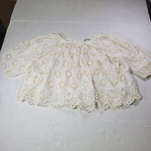 Madewell Women White Eyelet Embroidered Cotton Shirred Sleeve Blouse Top Size XS